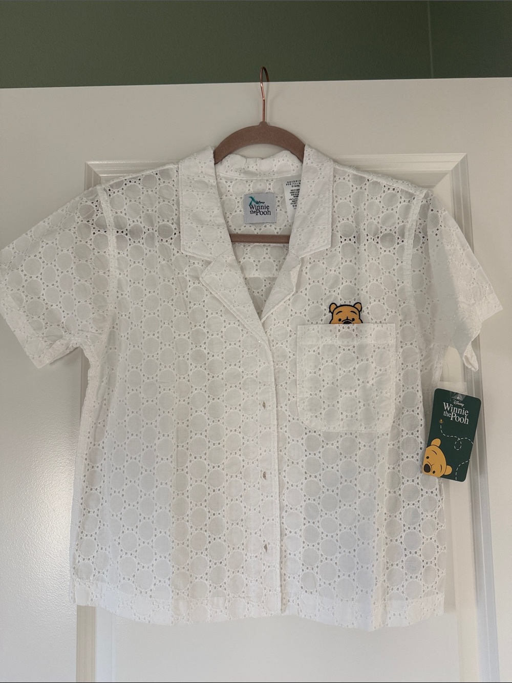 Disney White Eyelet Winnie the Pooh Pocket Blouse